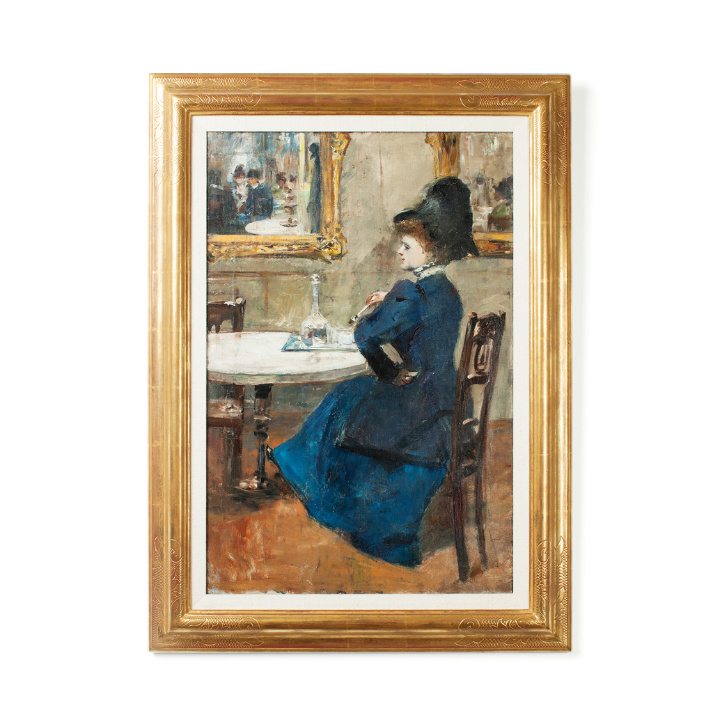 „Dame in blauem Kleid im Cafe“, Lesser Ury, Öl auf Leinwand um 1900
